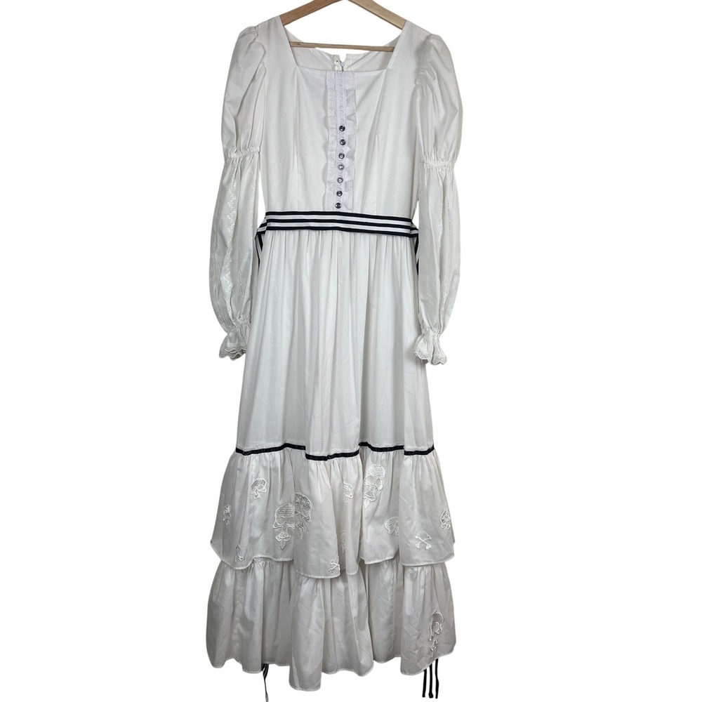 White Skull Embroidered Maxi Dress Costume Puff Sleeve Romance Pirate Cosplay - Picture 10 of 10